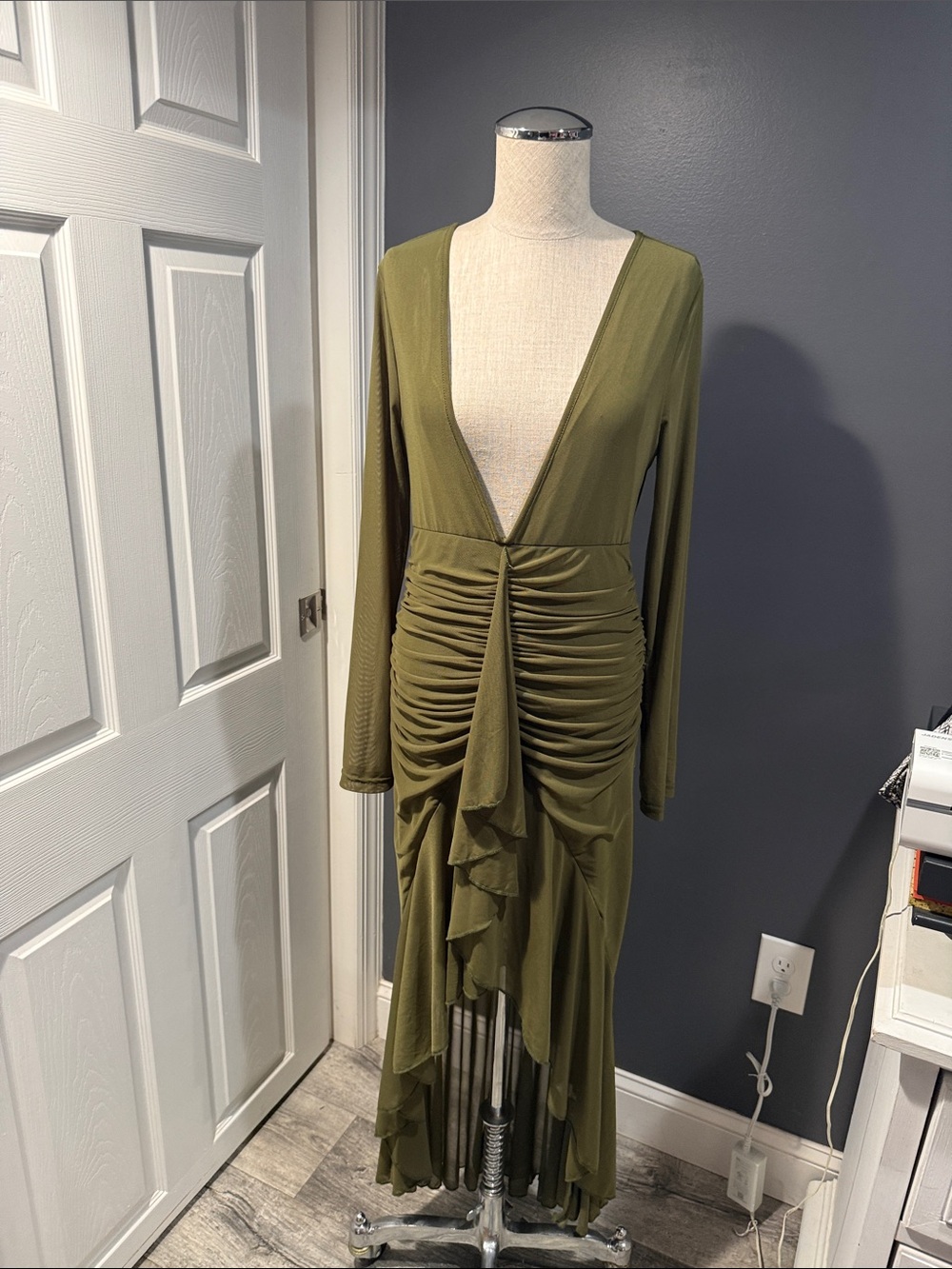 Olive Green Ruched Deep V Midi Dress